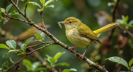 Obraz premium Small yellow warbler perched on branch holding insect in beak