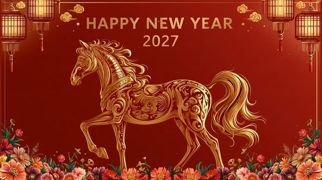Happy new year 2027 greeting card with golden horse red background, traditional chinese lanterns, and floral border decoration