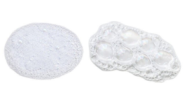 Two clusters of clear iridescent soap bubbles and white foam on a transparent background, isolated studio product shot
