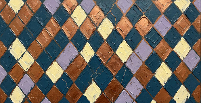 Abstract Geometric Diamond Rhombus Tessellation Canvas Painting with Distressed Oil Paint in Copper and Slate Teal