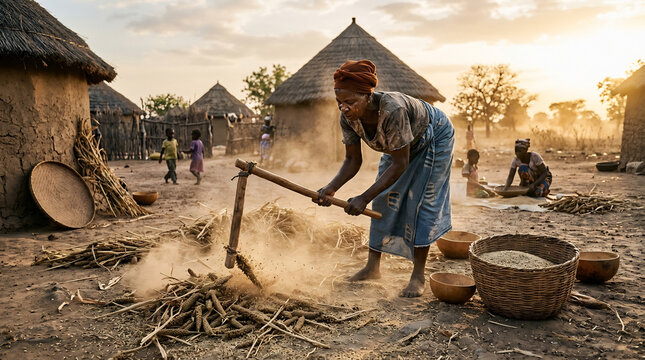 Woman threshes grain with a wooden flail in a dusty rural village courtyard.