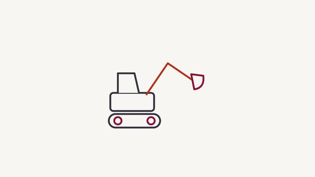Animated flat excavator icon in a minimal vector style, red and crimson on a bright light background. Smooth 4K seamless loop with the symbol isolated in the centre of the frame, leaving room for text