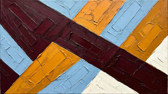 Geometric Parallelogram Tessellation Abstract Oil Painting on Canvas in Deep Burgundy Ochre and Sky Blue
