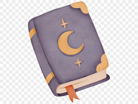 Purple moon spellbook, watercolor Halloween magic illustration Vector.