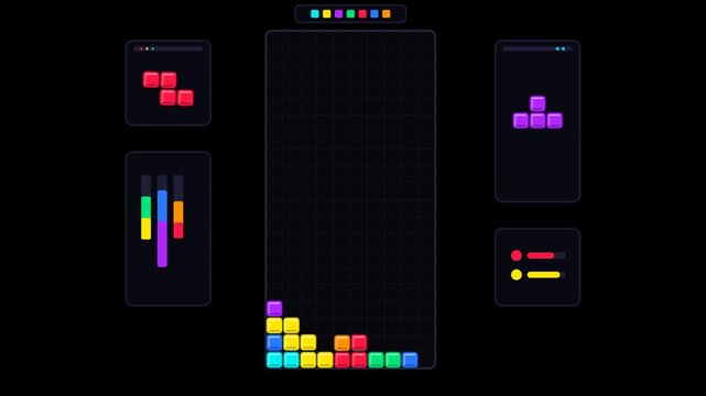 Colorful block puzzle game interface with falling digital bricks on dark background for mobile gaming