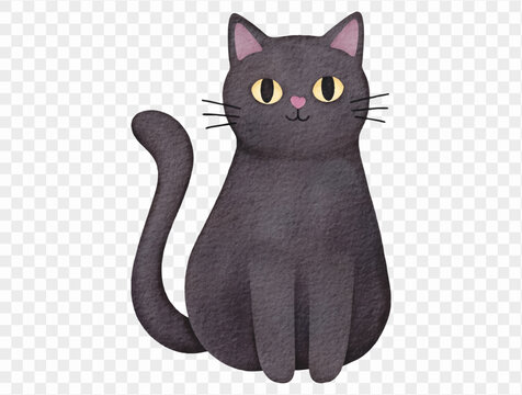 Cute black cat, watercolor Halloween character illustration Vector.