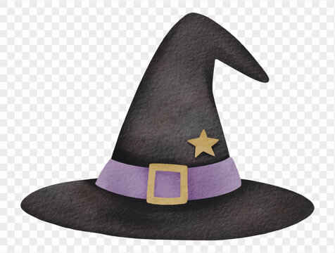 Black witch hat with golden star, watercolor Halloween illustration Vector.