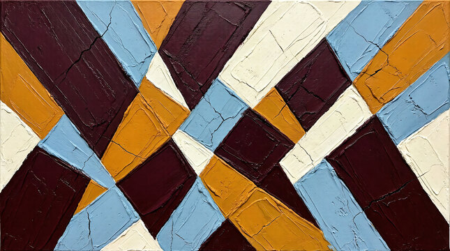 Geometric Parallelogram Tessellation Abstract Oil Painting on Canvas in Deep Burgundy Ochre and Sky Blue