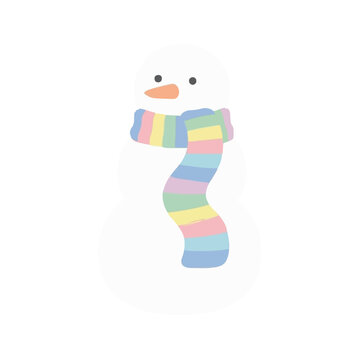 Cute a snowman wearing a long striped scarf clipart, flat pastel christmas illustration isolated on transparent background, PNG cut out sticker element for scrapbook,  greeting card packaging design