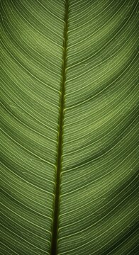 Macro view of a green tropical leaf texture showing a prominent central midrib and intricate parallel vein patterns with fine reticulate details across the surface.