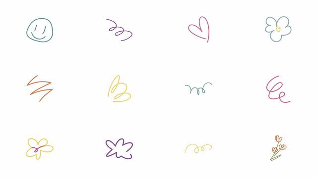 Animated colorful hand drawn doodle scribbles smiley face heart and flowers on transparent alpha channel