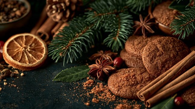 Christmas gingerbread cookies with holiday spices and fir branches
