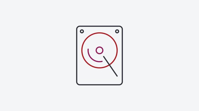 Seamless 4K looping animation of a flat hard drive icon in red and crimson, centred on a clean light background with plenty of copy space. Simple two tone vector shapes and smooth motion. Horizontal 1