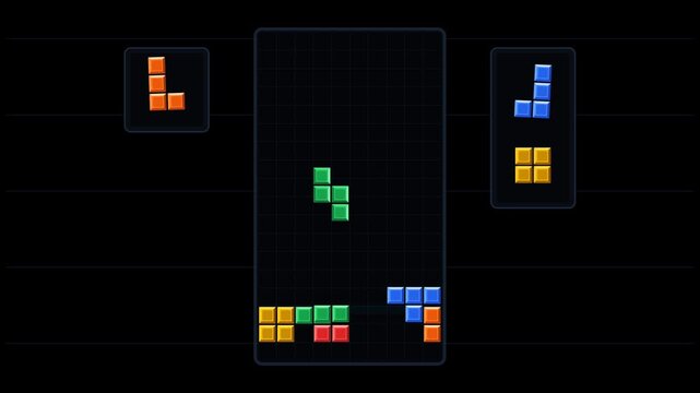 Retro arcade block puzzle video game interface with colorful neon geometric bricks on dark background