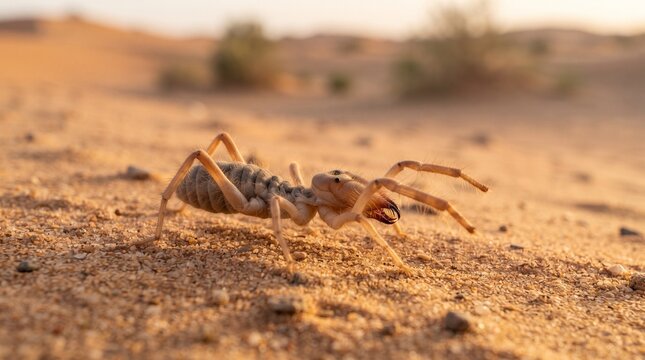 Solifuge Camel Spider Moving Across Desert Sand at Dusk