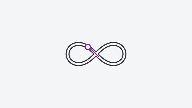 Animated flat infinity symbol icon in a minimal vector style, purple and violet on a bright light background. Smooth 4K seamless loop with the symbol isolated in the centre of the frame, leaving room 