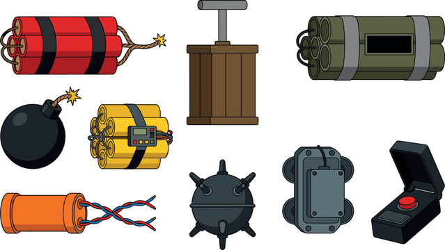 Explosives and bombs vector illustration set featuring cartoon dynamite sticks tnt plunger detonator sea mine and remote trigger switch on white