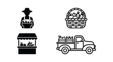 Obraz premium Farmer basket market stall and truck icons in black and white line style