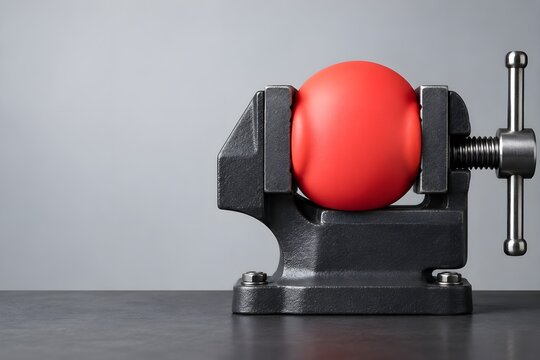 Pressure and Stress Concept with Red Object Squeezed in Metal Bench Vise, Business Pressure, Tension and Breaking Point with Copy Space