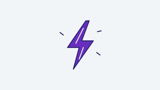 Seamless 4K looping animation of a flat lightning bolt icon in purple and violet, centred on a clean light background with plenty of copy space. Simple two tone vector shapes and smooth motion. Horizo