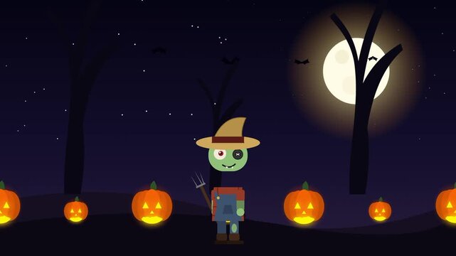Cartoon scarecrow standing in a spooky pumpkin patch under a full moon at night.