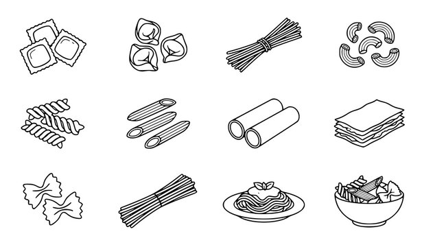 Set of various italian pasta types including spaghetti ravioli penne and lasagna illustrated in a simple line art style
