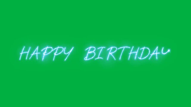 Glowing neon blue script text spelling the word happy on a bright green background