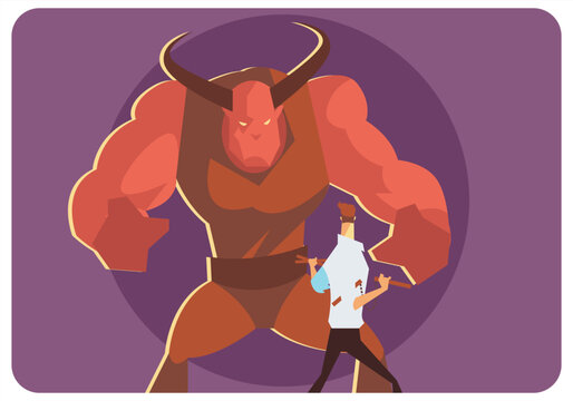 Monster and man silhouette, flat vector illustration of a giant horned demon confronting a brave human warrior
