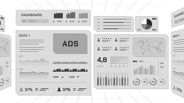 Wide perspective shot of clean grayscale advertising dashboard floating in a 3D virtual grid space.