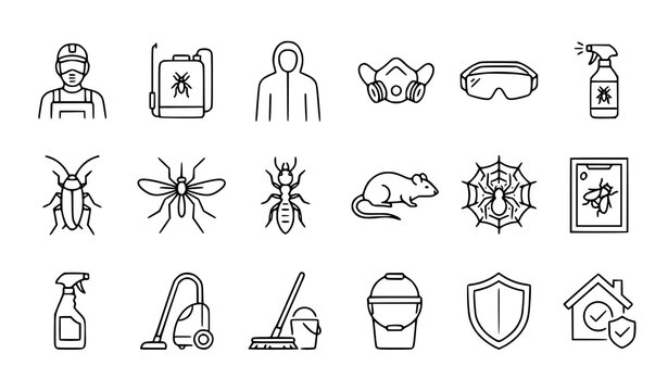 Set of pest control service icons featuring exterminator equipment insects rodents and cleaning tools in line art style