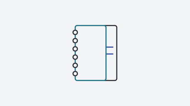 Animated flat notebook spiral icon in a minimal vector style, teal and turquoise on a bright light background. Smooth 4K seamless loop with the symbol isolated in the centre of the frame, leaving room