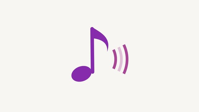 Seamless 4K looping animation of a flat music note icon in purple and violet, centred on a clean light background with plenty of copy space. Simple two tone vector shapes and smooth motion. Horizontal