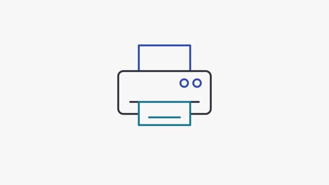 Animated flat office printer icon in a minimal vector style, teal and turquoise on a bright light background. Smooth 4K seamless loop with the symbol isolated in the centre of the frame, leaving room 