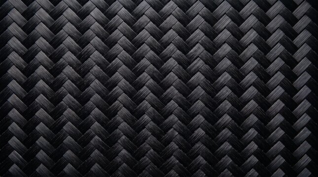 Dark woven carbon fiber texture, black interwoven herringbone pattern background, modern geometric composite material surface wallpaper