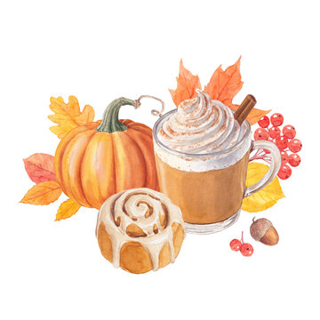 Pumpkin Spice Latte and Cinnamon Roll Autumn Watercolor Illustration