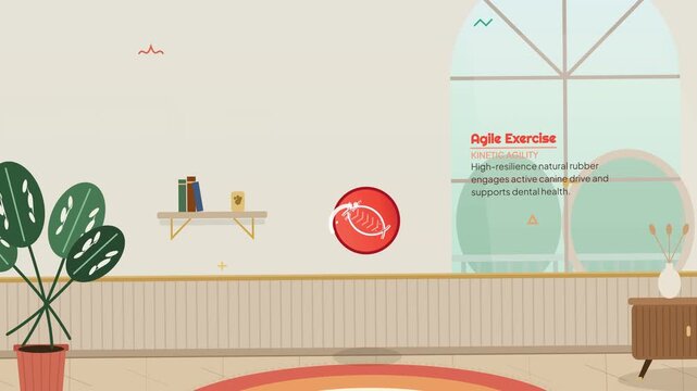 2D animation of holistic pet care concepts showing transformations of a rubber toy dry kibble dog collar pet bed and shampoo in a cozy living room