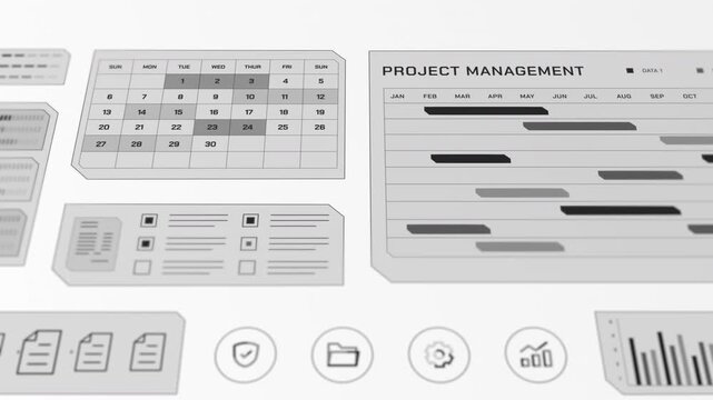 Angled top down overview of clean grayscale corporate dashboard tracking project gantt schedule and monthly calendar.