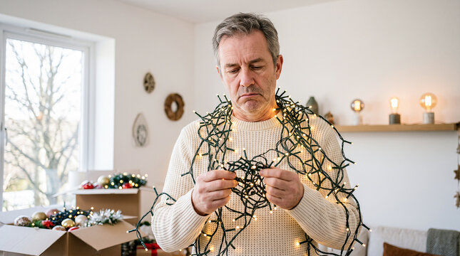 Senior man tangled in Christmas lights