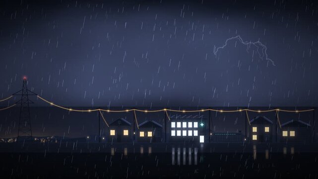 Storm Power Outage and Microgrid Battery Restoring Town Electricity Animation
