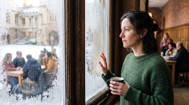 Woman Holding Coffee by Frosted Window
