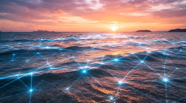 futuristic digital network connection over a calm ocean sunset for global technology and data communication background