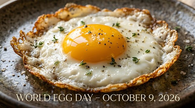 Fresh fried egg with seasoning on a dark plate for world egg day