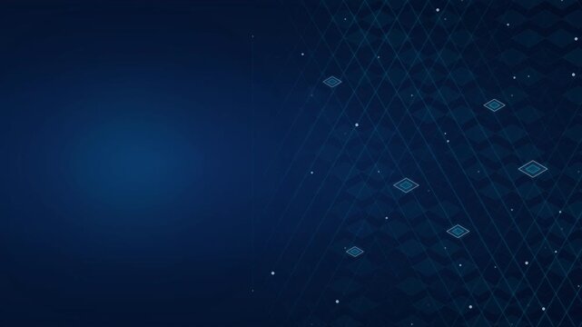 Abstract Dark Blue Background with Subtle Geometric Patterns and Bokeh Lights.