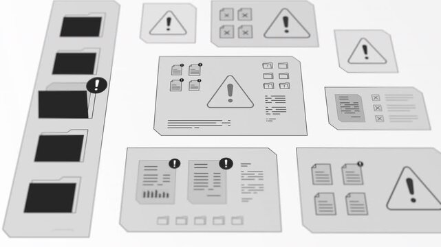 Frontal flat overview of grayscale corporate UI tracking folder security warning triangles and system file error notifications.