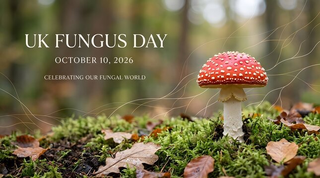 Red spotted fly agaric mushroom growing in forest for uk fungus day awareness