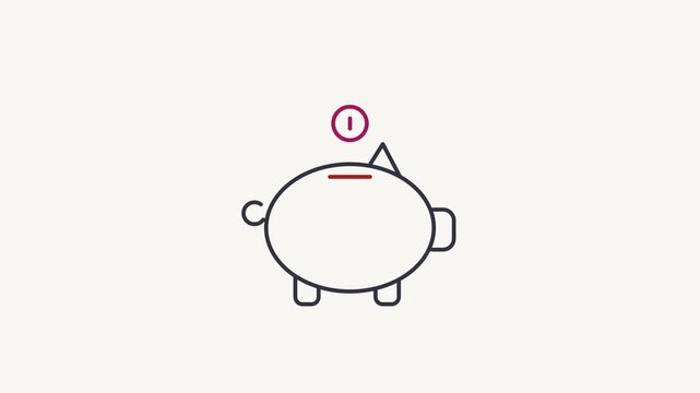Animated flat piggy bank icon in a minimal vector style, red and crimson on a bright light background. Smooth 4K seamless loop with the symbol isolated in the centre of the frame, leaving room for tex