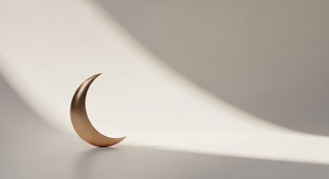 3D render of a metallic gold crescent moon sculpture on a minimalist beige surface with a diagonal beam of light and soft shadows, celestial Islamic symbol for Ramadan and Eid.