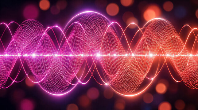 Abstract 3D Sine Cosine Cross Hatch Wave Grid with Glowing White Nodes and Magenta Coral Gradient