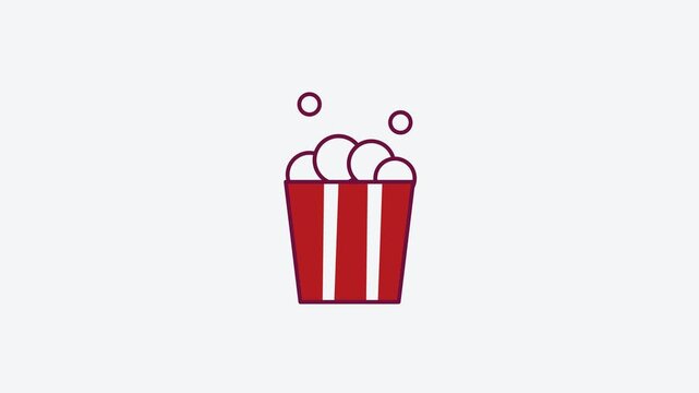 Animated flat popcorn box icon in a minimal vector style, red and crimson on a bright light background. Smooth 4K seamless loop with the symbol isolated in the centre of the frame, leaving room for te