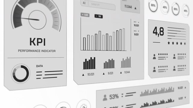Angled perspective of clean grayscale digital interface tracking key performance indicators, gauge meters, and bar charts.